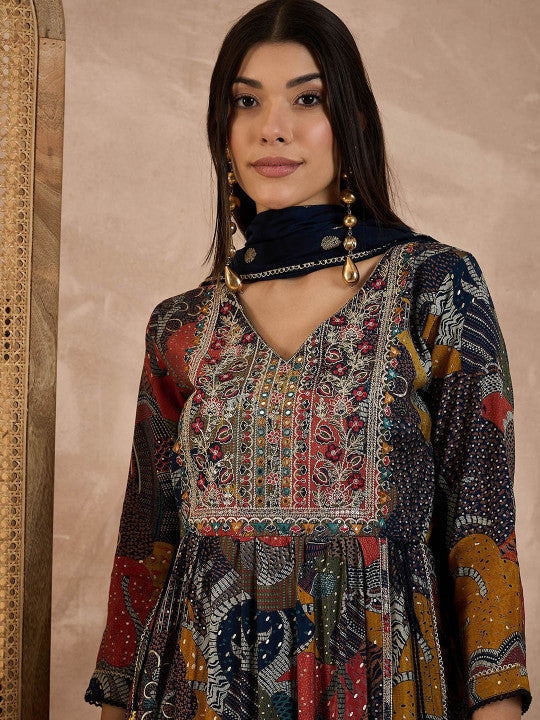 CHETI Floral Printed V-Neck Thread Work Raw Silk Kurta With Trousers & Dupatta