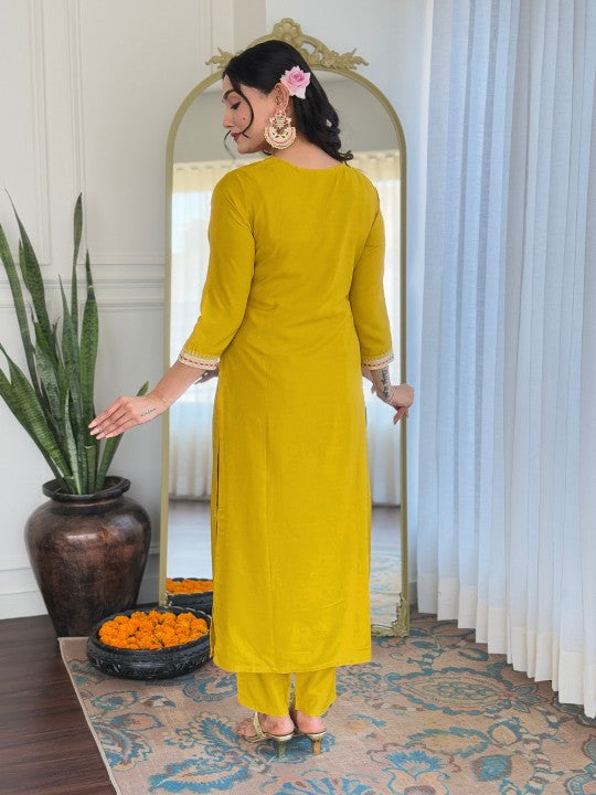 Floral Embroidered Notch Neck Kurta With Trousers & Dupatta