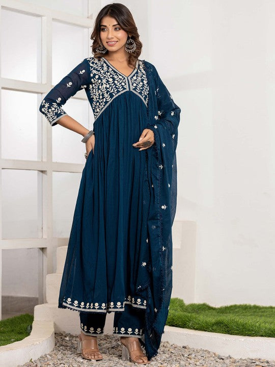 CHETI Women Ethnic Motifs Embroidered Anarkali Kurta with Trousers & Dupatta