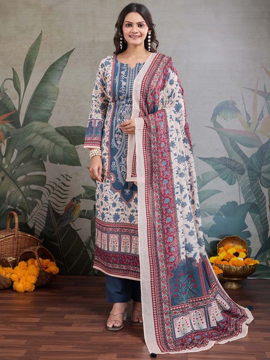 IOLY Women Floral Embroidered Regular Thread Work Pure Cotton Kurta with Pyjamas & With Dupatta