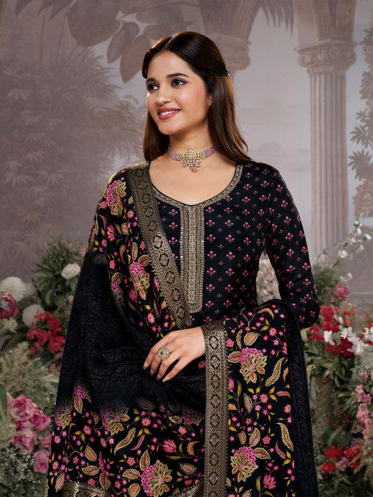 Floral Printed Thread Work Pure Silk Straight Kurta With Trousers & Dupatta