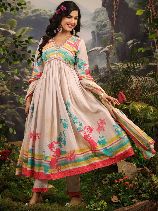 AARAAS Women Pure Cotton Anarkali Kurta with Trouser & Dupatta