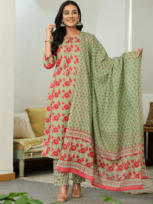 Yufta Women Floral Embroidered Regular Patchwork Pure Cotton Kurta with Trousers & With Dupatta