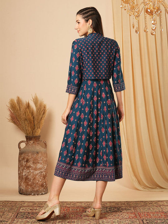 Globus A-Line Ethnic Motifs Printed Midi Ethnic Dress With Sleeveless Detachable Shrug