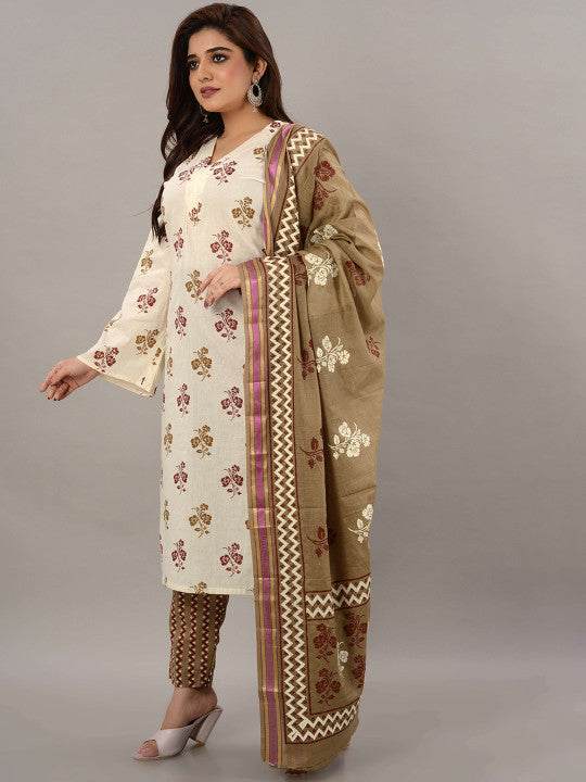 TROMBOO Floral Printed V-Neck Gotta Patti Straight Kurta With Trousers & Dupatta