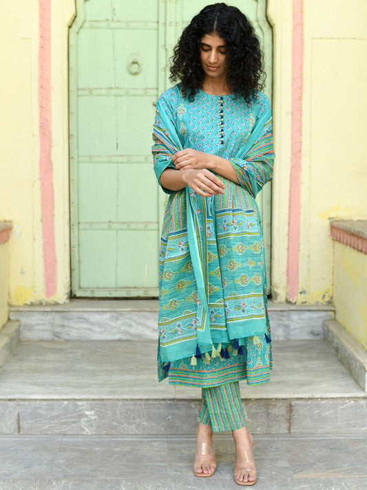 Floral Printed Pure Cotton Straight Kurta With Trousers & Dupatta