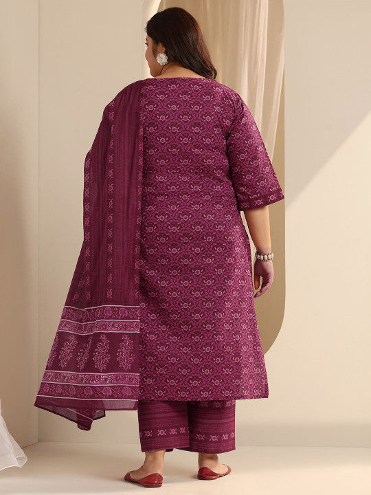 EXTRA LOVE BY LIBAS Women Plus Size Ethnic Motifs Printed Kurta with Trousers & Dupatta
