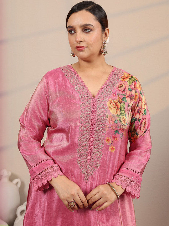 EXTRA LOVE BY LIBAS Floral Printed V-Neck Straight Kurta With Trousers & Dupatta