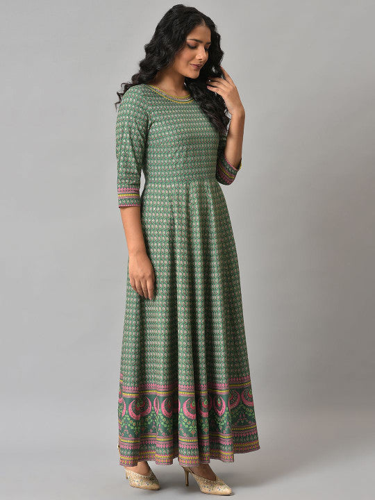 W Women Checked Maxi Fit and Flare Ethnic Dresses