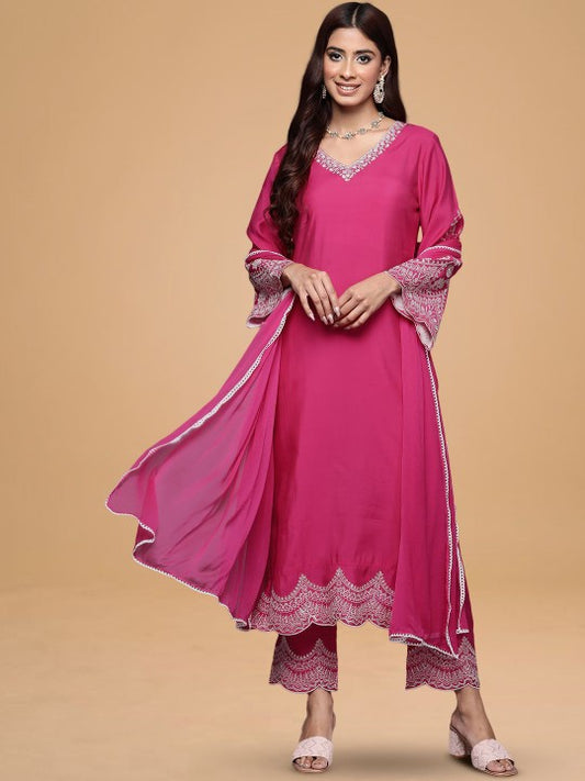 House of Pataudi Floral Yoke Design Sequnnied Straight Kurta
