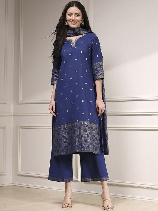 Biba Ethnic Motifs Woven Design Notch Neck Sequinned Pure Cotton Kurta Palazzos & Dupatta