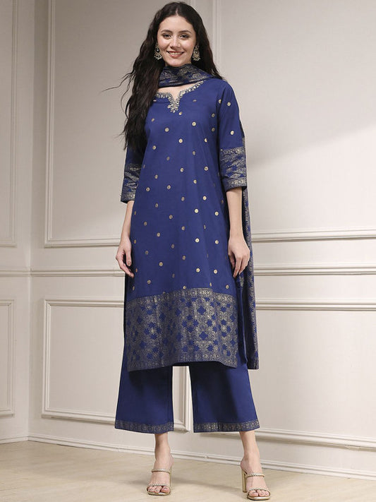 Biba Ethnic Motifs Woven Design Notch Neck Sequinned Pure Cotton Kurta Palazzos & Dupatta