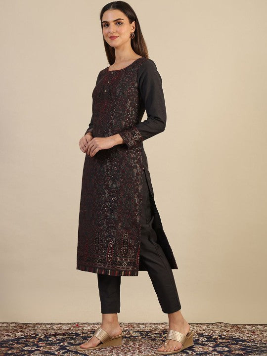 AURELIA Floral Woven Design Round Neck Straight Kurta