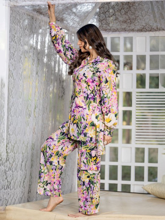 all about you Floral Shirt Collar Pure Cotton Top with Trousers