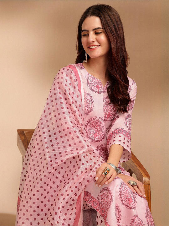 Ethnic basket Women Pink Cotton Blend Kurta Sets With Dupatta
