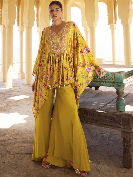 AUTUMN LANE Floral Printed Sequinned Pure Cotton Kaftan Kurta With Palazzo