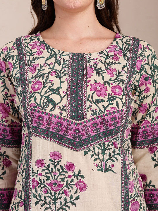 Yufta Women Floral Embroidered Regular Sequinned Pure Cotton Kurta with Trousers & With Dupatta