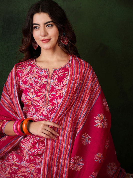 Floral Printed Sequinned Straight Kurta & Trouser With Dupatta