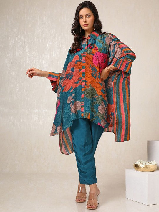 Floral Printed Shirt Collar Kaftan Casual Shirt With Trousers