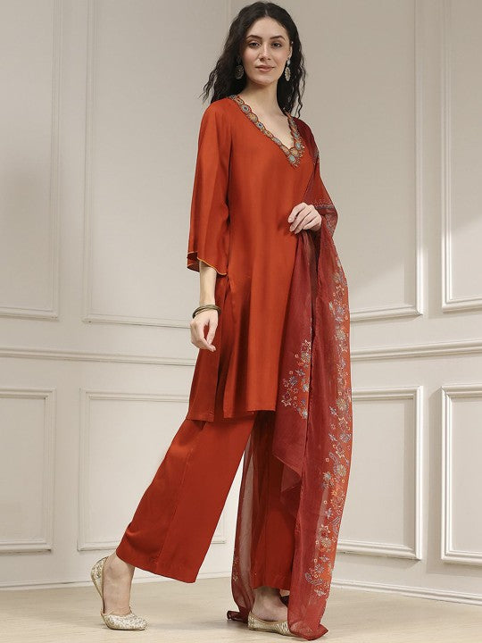 Biba Women Solid Kurta with Trousers & Dupatta