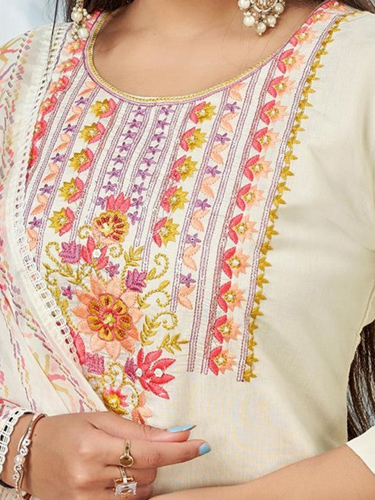 FASHION STROM Floral Yoke Design Thread Work Straight Kurta With Trousers & Dupatta