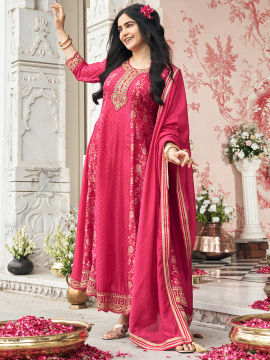 CHHAAP Mirror Work Sequinned Embroidered Kurta & Trousers With Dupatta