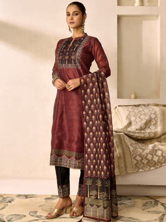 WOMEN PLUS Plus Size Ethnic Motifs Yoke Design Chanderi Silk Kurta With Trousers & Dupatta