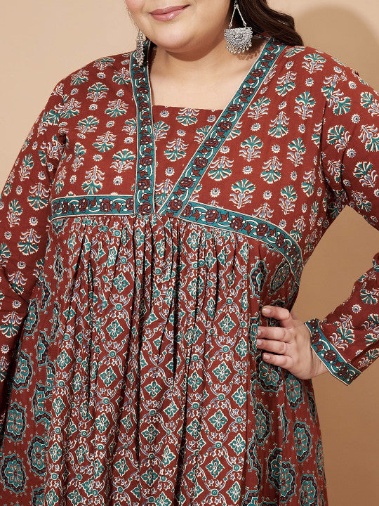 Vbuyz Plus Floral Printed Square Neck Cotton Maxi Ethinic Dress