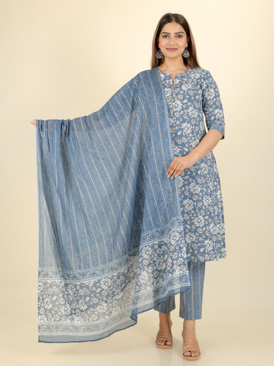 Aramya Floral Printed Notch Neck Pure Cotton A-Line Kurta With Trousers  & Dupatta