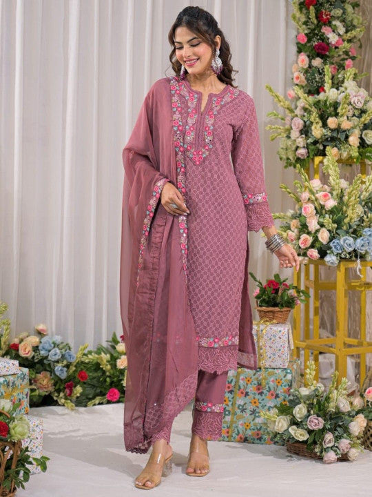 AUTUMN LANE Women Floral Embroidered Thread Work Pure Cotton Kurta with Trouser & Dupatta