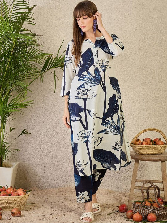 Indo Era Printed Notch Neck Straight Pure Cotton Tunic & Trousers