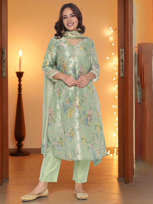 W Floral Printed Regular V-neck A-line Kurta With Trousers And Dupatta