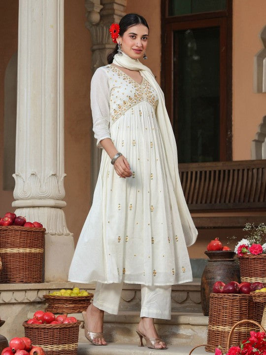 Women Off White Pure Cotton Embroidered A-line Kurta
