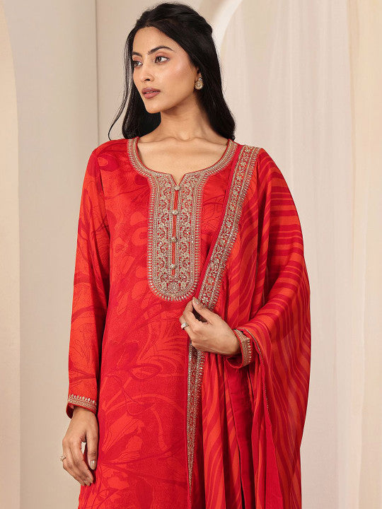 Floral Printed Sequinned Straight Kurta with Trouser & Dupatta