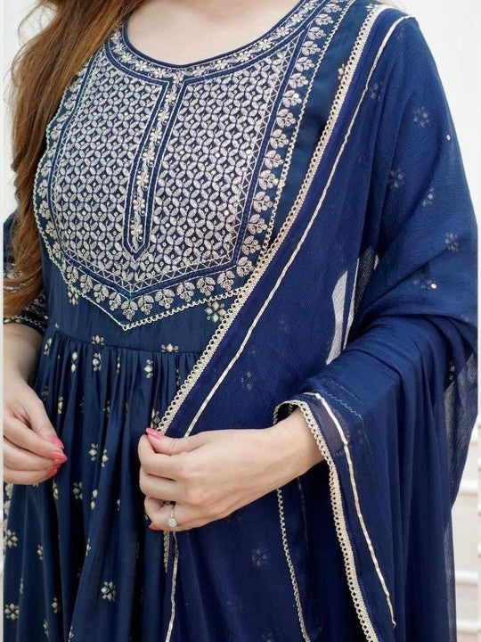 13-Star Floral Embroidered Round Neck Pleated Anarkali Kurta With Trousers & Dupatta