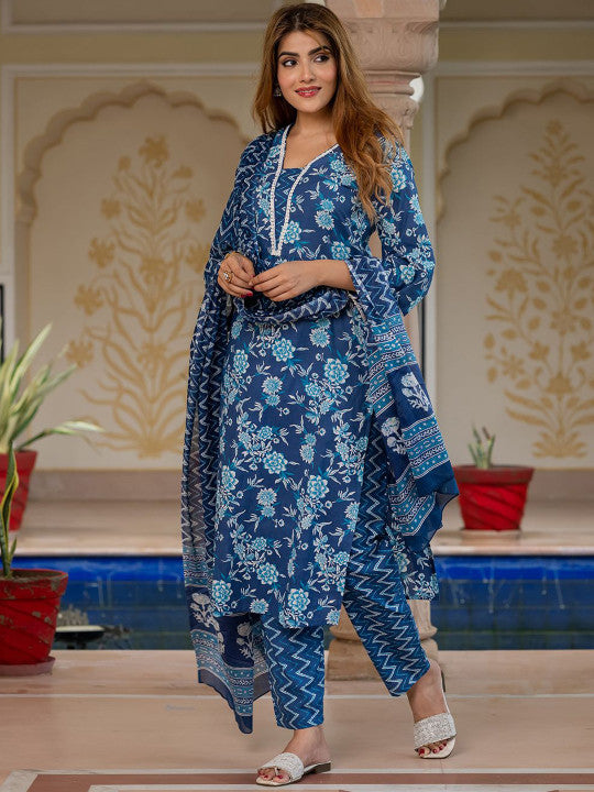 Jaitpuriya Women Floral Printed Cotton Kurta with Trousers & Dupatta
