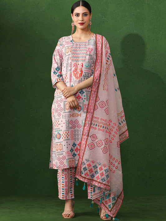 Jaipur Kurti Geometric Printed Pure Cotton Straight Kurta With Trousers & Dupatta