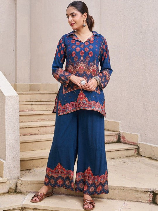 AUTUMN LANE Kabool Nileblue Printed Pure Cotton Tunic With Palazzo Co-Ords