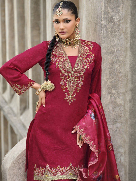 AUTUMN LANE Mrinal Rose Floral Yoke Design Pure Cotton Kurta with Palazzos & Dupatta