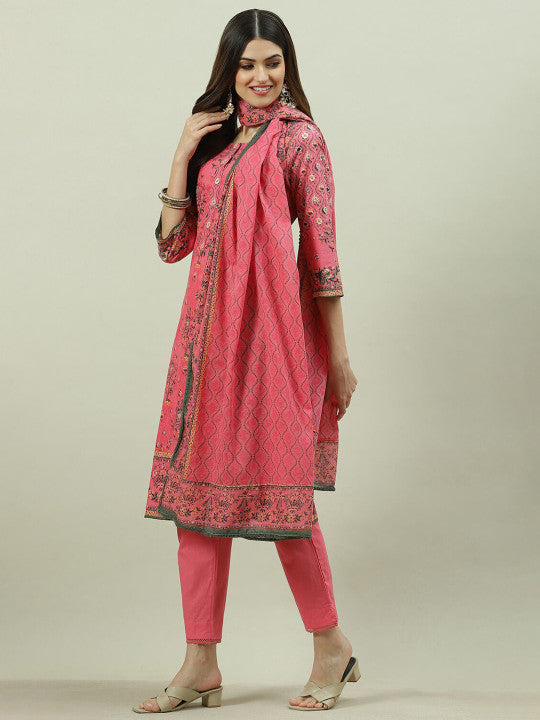 Biba Women Floral Embroidered Regular Pure Cotton Kurta with Trousers & With Dupatta
