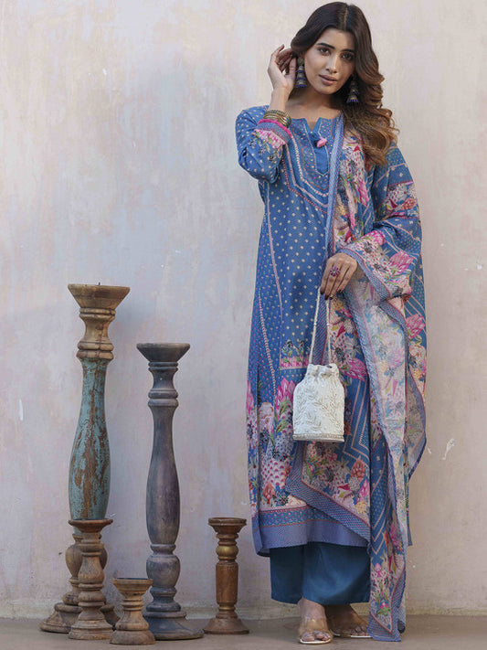 Floral Printed Straight Kurta With Palazzos & Dupatta