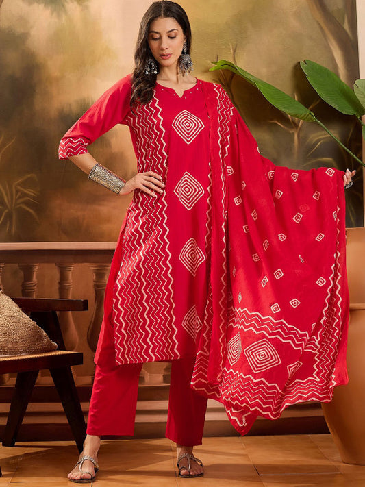Vastramyaa Women Geometric Printed Pure Cotton Kurta with Trousers & Dupatta