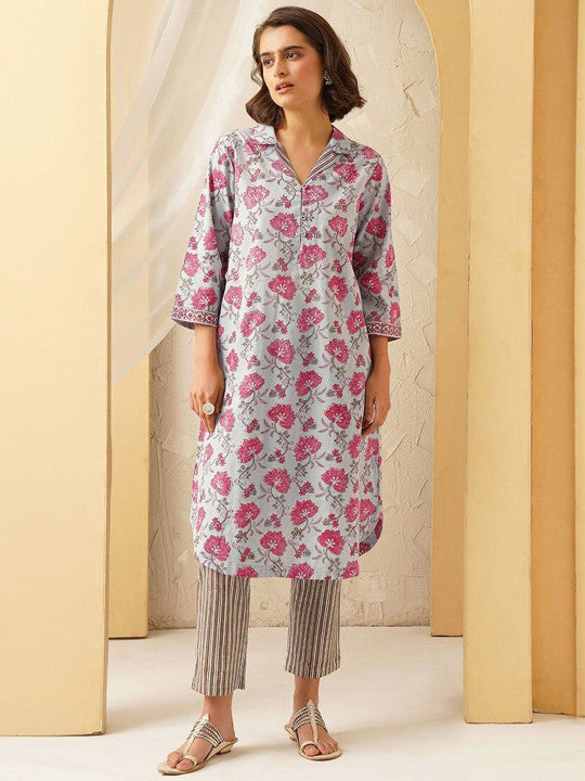 Floral Printed Shirt Collar Sequinned Pure Cotton A-line Kurta