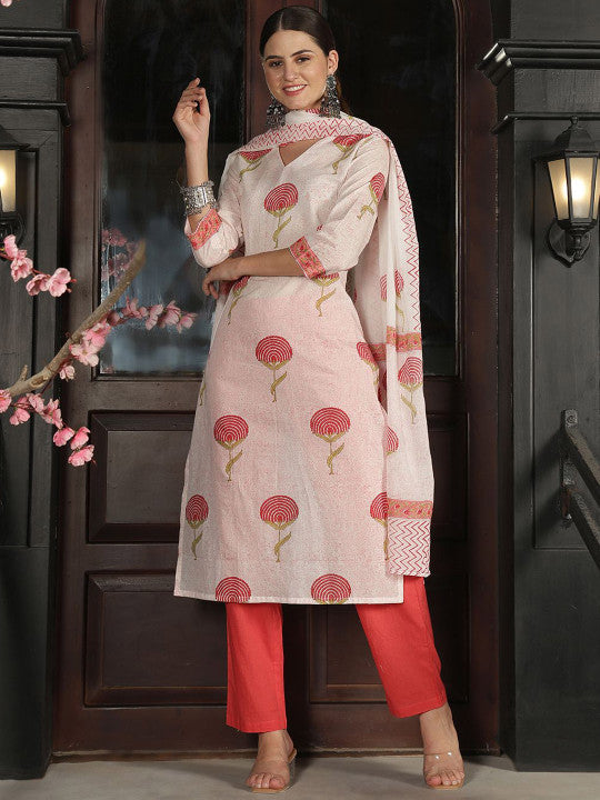 Taavi Women Floral Hand Block Print Cotton Straight Kurta with Trousers & Dupatta
