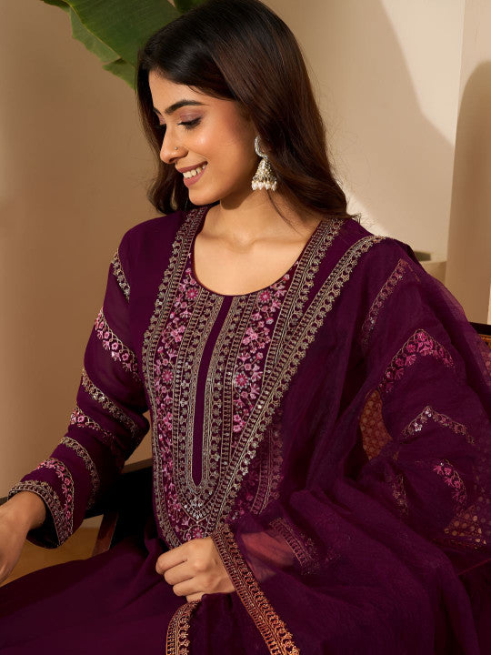 Inddus Ethnic Motifs Embroidered Empire Anarkali Kurta With Trousers & Dupatta