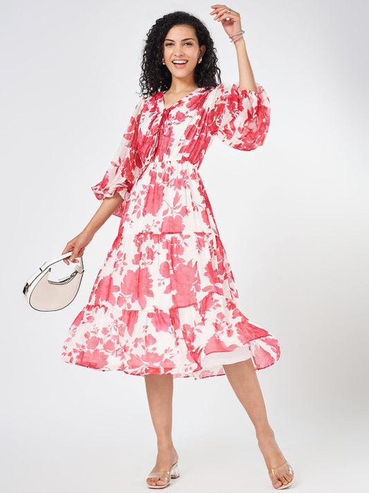 Honey by Pantaloons Women Floral Print Bell Sleeve Fit & Flare Midi Dress