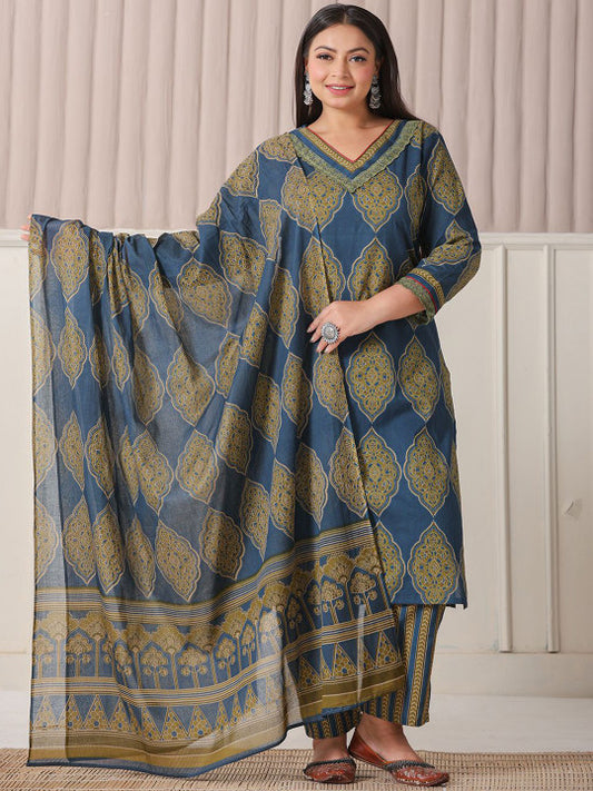 Yufta Plus Size Ethnic Motifs Printed V-Neck Pure Cotton Kurta With Trousers And Dupatta
