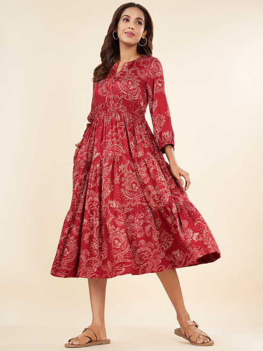AKKRITI BY PANTALOONS Printed Round Neck Fit & Flare Midi Dress