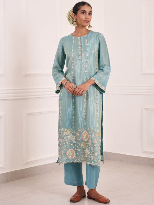 AUTUMN LANE Gaurisha Lapis Floral Embroidered Thread Work Kurta With Trousers & Dupatta