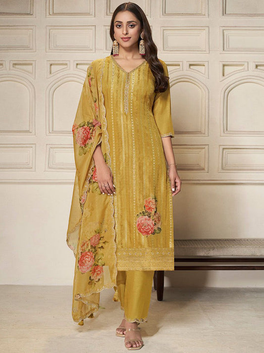 Floral Woven Design Jacquard V-Neck Pure Silk Kurta with Trousers & Dupatta